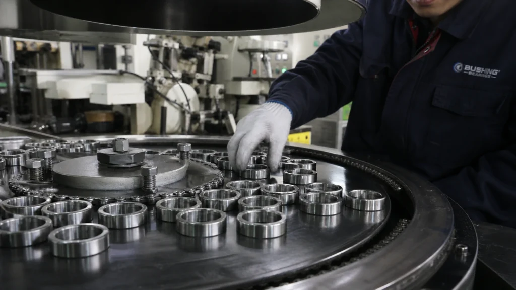Bearing rings being inspected on the production line